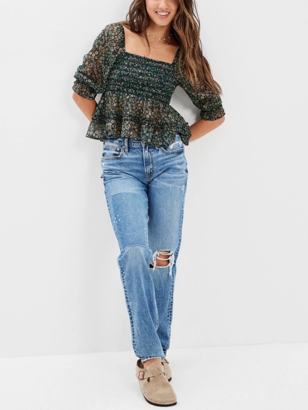 American Eagle Outfitters Dark Green Floral Blouse Sz M - Picture 2 of 9